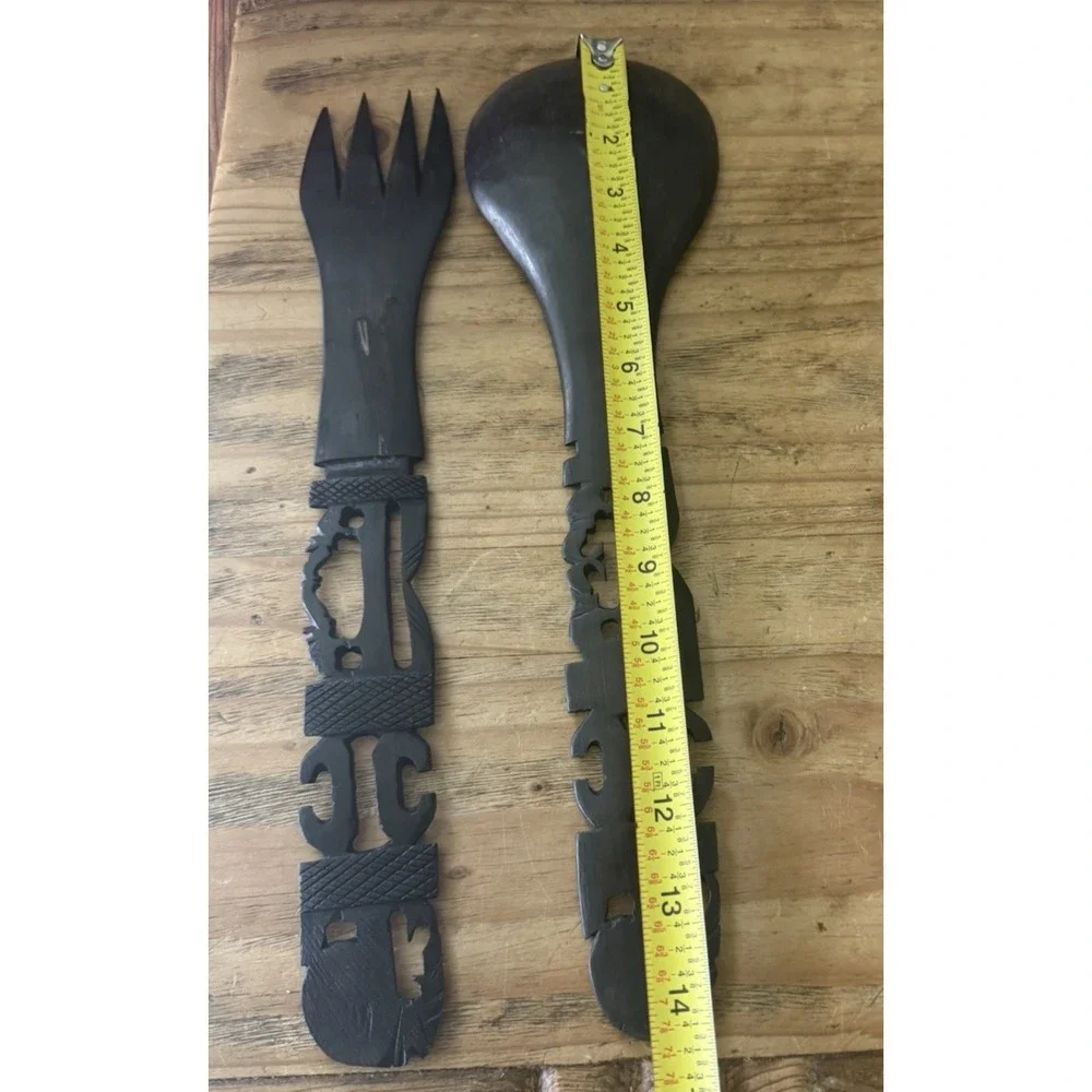 Large Vintage Tiki Hand Carved Wood Spoon Fork Set Polynesian Tribal 14
